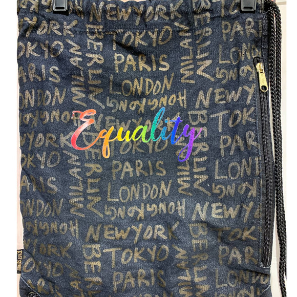 Hand Printed Equality Rainbow LGBTQ Pride World Cities String Bag Backpack - Picture 2 of 3